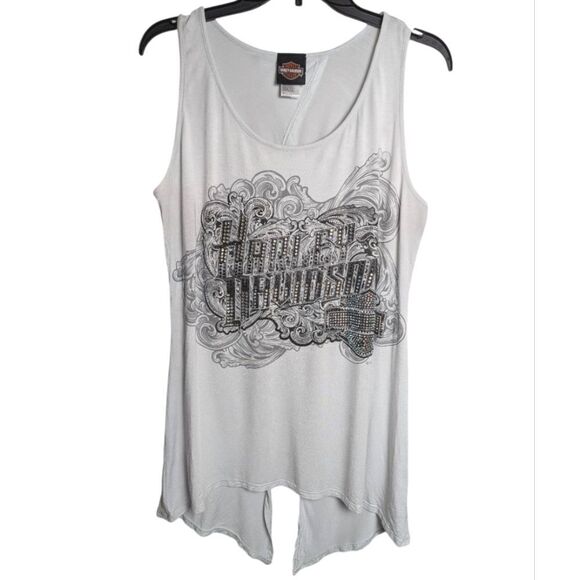 Harley-Davidson Lt Gray Split Twist Open Back Rhinestone Hi-lo Tank Top L - Picture 3 of 6